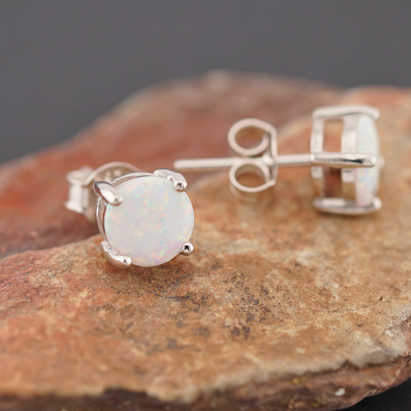 Sterling Silver Round White Lab Opal Stud Earrings