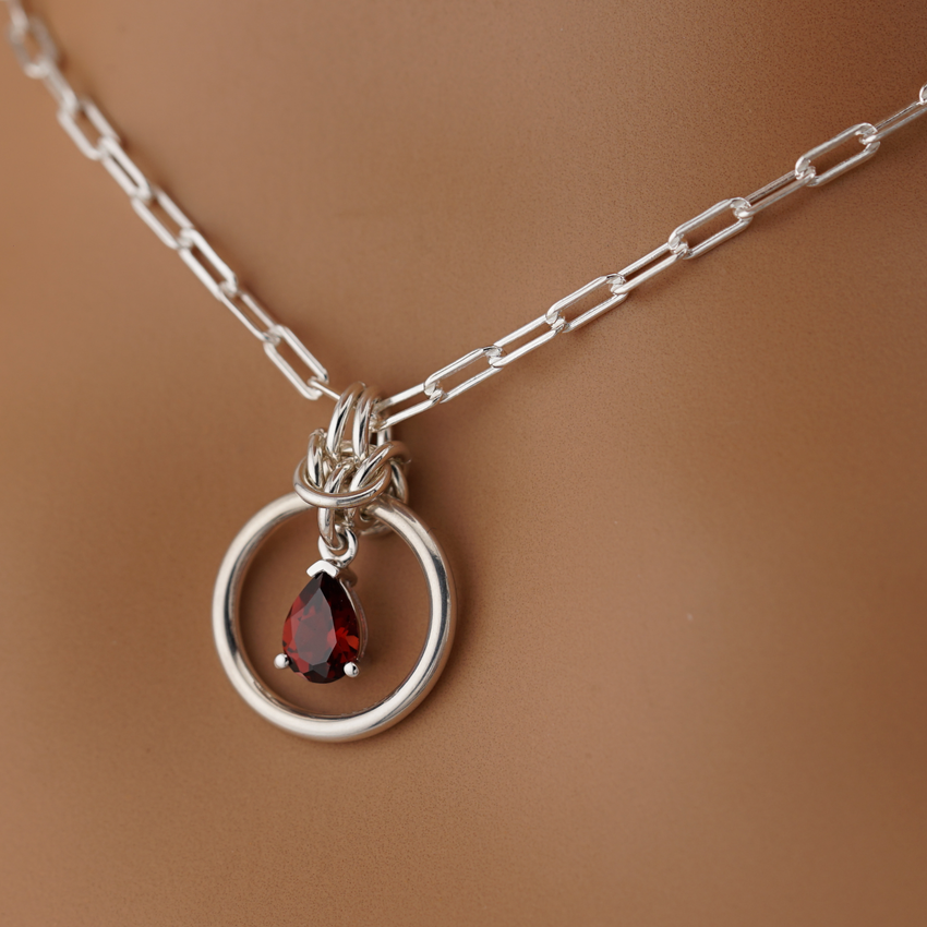 Sterling Silver Paperclip Chain Garnet Teardrop