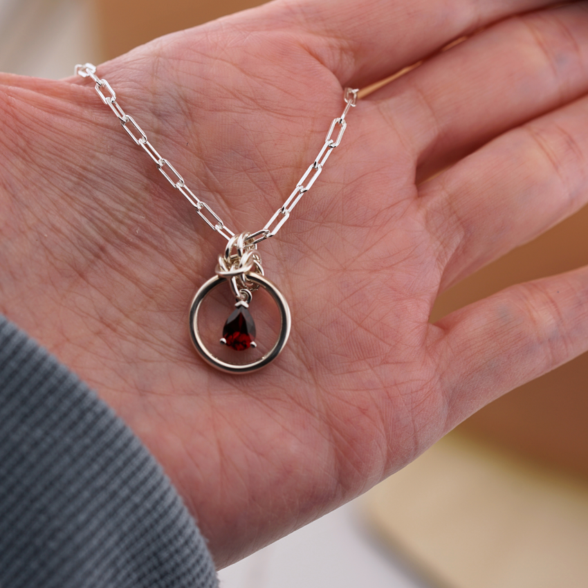 Sterling Silver Paperclip Chain Garnet Teardrop