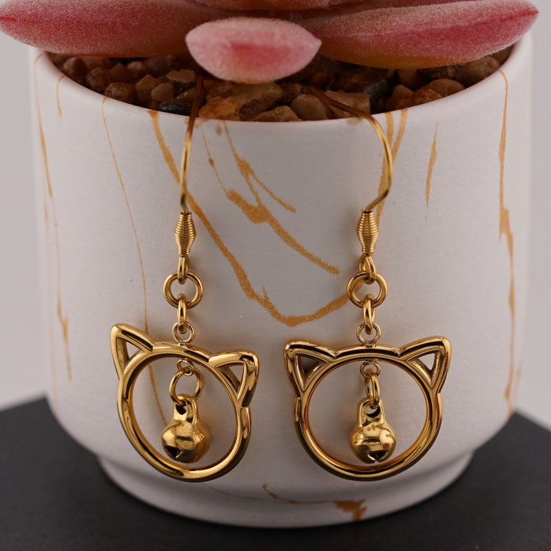 Gold Kitten Earrings with Bell