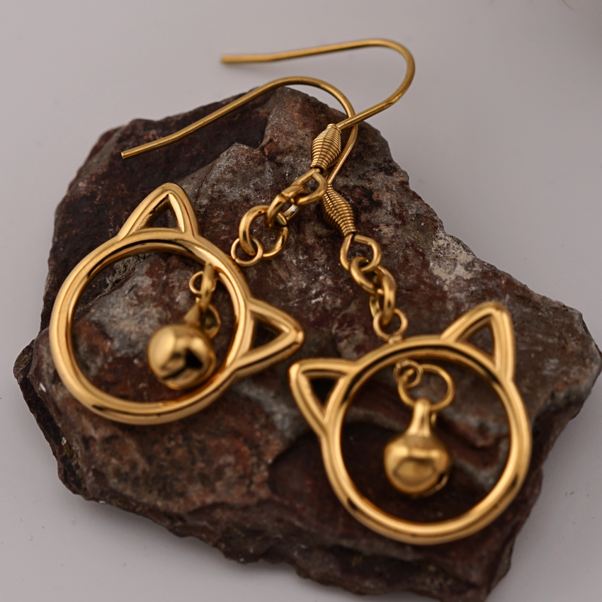 Gold Kitten Earrings with Bell