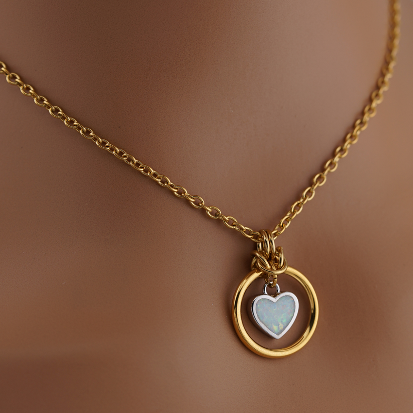 Submissive Day Collar – Opal Heart Necklace with Gold Plated Stainless Steel BDSM O-Ring