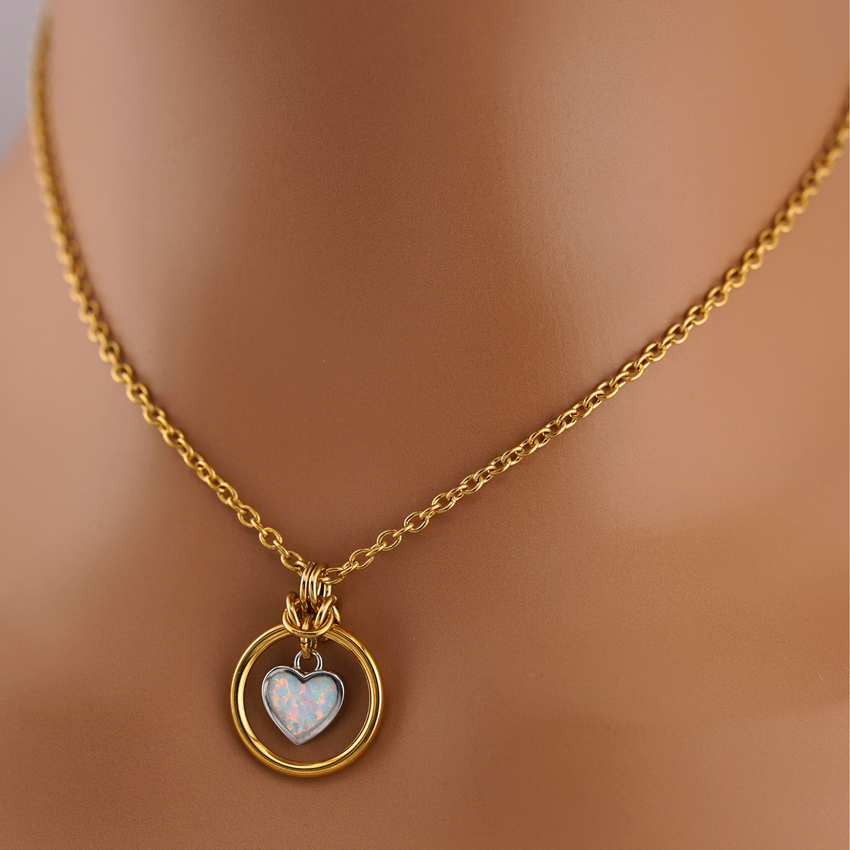 Submissive Day Collar – Opal Heart Necklace with Gold Plated Stainless Steel BDSM O-Ring