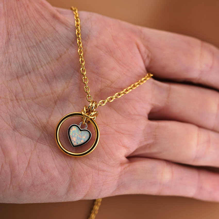 Submissive Day Collar – Opal Heart Necklace with Gold Plated Stainless Steel BDSM O-Ring