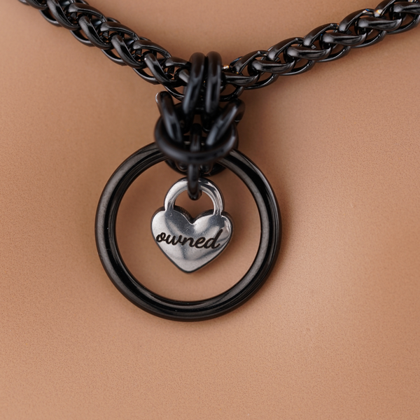 Custom Heart Pendant BDSM O-Ring Necklace on Black Wheat Chain