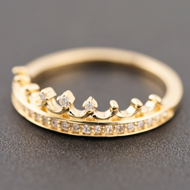 Solid 14K Yellow Gold Princess Crown Diamond Ring