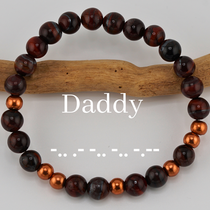 BDSM Morse Code Bracelet – Red Tiger Eye & Copper | Hidden “Daddy” or “Master” Message