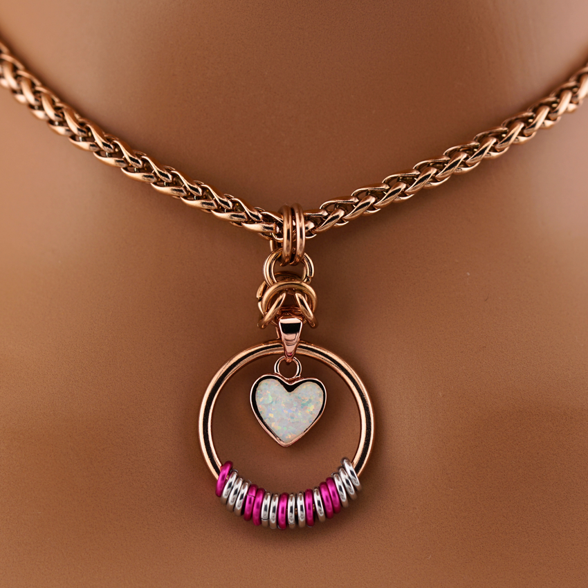 Rose Gold Morse Code O-Ring Day Collar with Lab Opal Heart