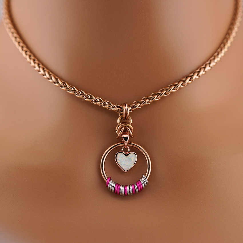 Rose Gold Morse Code O-Ring Day Collar with Lab Opal Heart