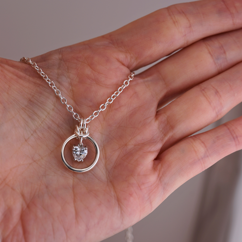 Sterling Silver Heart CZ O-Ring Day Collar Necklace