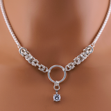 One-of-a-Kind Sterling Silver Byzantine Chainmaille Necklace with BDSM O Ring, CZ Diamond & Matching Earrings