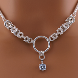 One-of-a-Kind Sterling Silver Byzantine Chainmaille Necklace with BDSM O Ring, CZ Diamond & Matching Earrings
