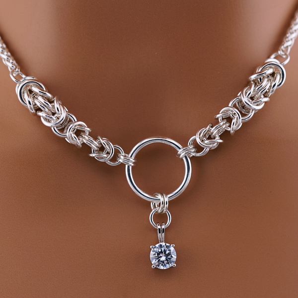 One-of-a-Kind Sterling Silver Byzantine Chainmaille Necklace with BDSM O Ring, CZ Diamond & Matching Earrings