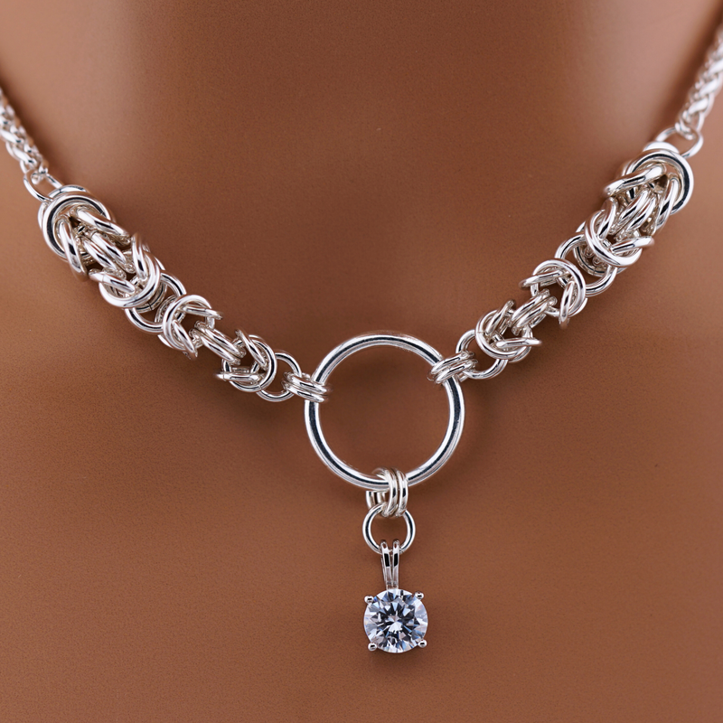 One-of-a-Kind Sterling Silver Byzantine Chainmaille Necklace with BDSM O Ring, CZ Diamond & Matching Earrings