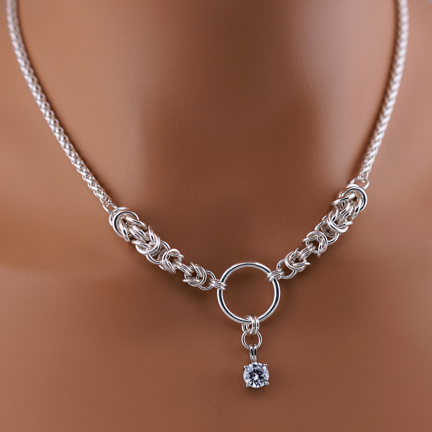 One-of-a-Kind Sterling Silver Byzantine Chainmaille Necklace with BDSM O Ring, CZ Diamond & Matching Earrings