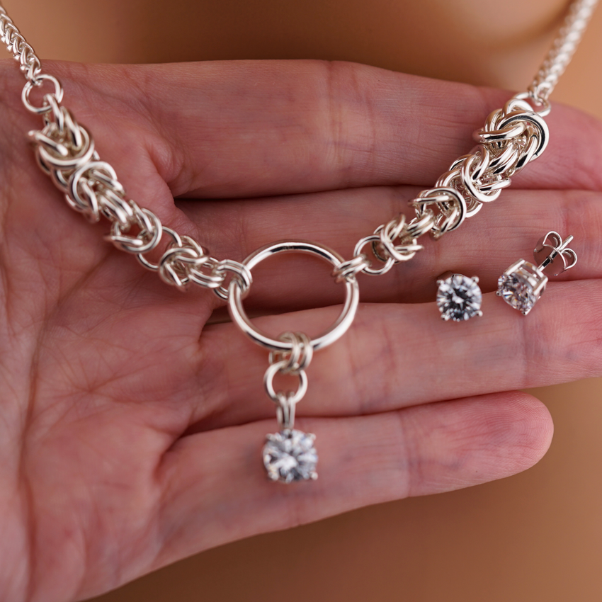 One-of-a-Kind Sterling Silver Byzantine Chainmaille Necklace with BDSM O Ring, CZ Diamond & Matching Earrings
