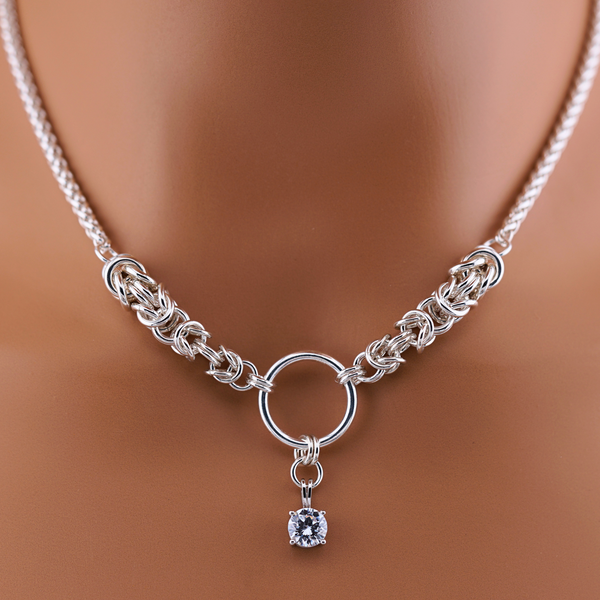One-of-a-Kind Sterling Silver Byzantine Chainmaille Necklace with BDSM O Ring, CZ Diamond & Matching Earrings