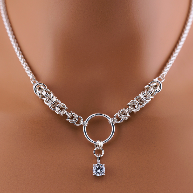 One-of-a-Kind Sterling Silver Byzantine Chainmaille Necklace with BDSM O Ring, CZ Diamond & Matching Earrings