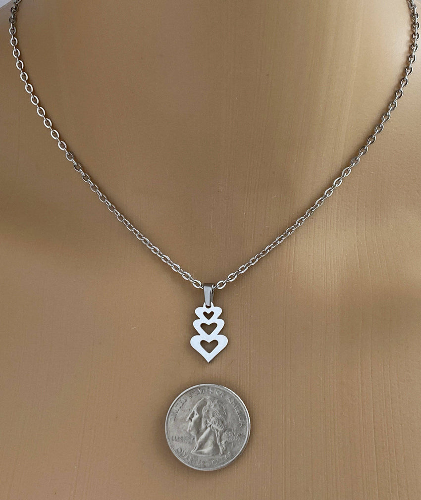 Polyamorous Necklace, Three Hearts Pendant, 24/7 Wear Non Tarnish