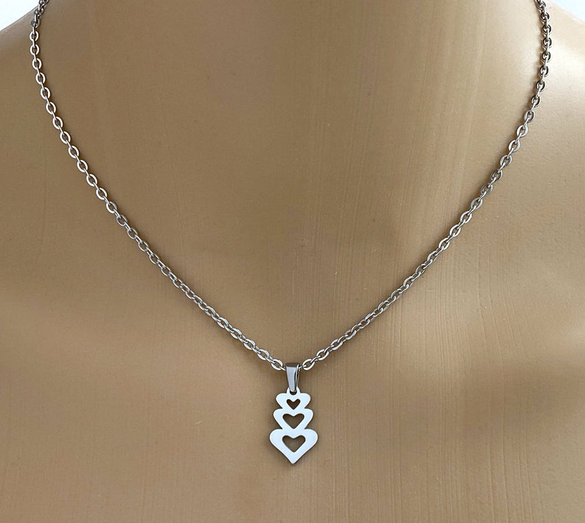 Polyamorous Necklace, Three Hearts Pendant, 24/7 Wear Non Tarnish