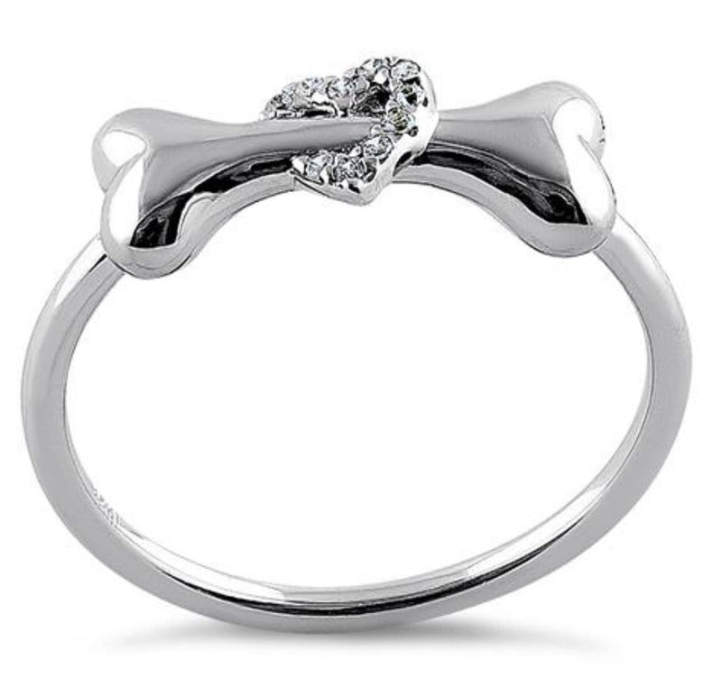 Dog Bone & Heart with CZ Stones .925 Sterling Silver Ring