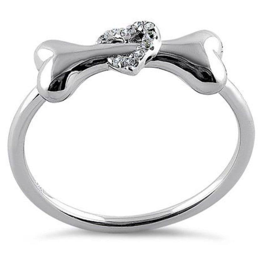 Dog Bone & Heart with CZ Stones .925 Sterling Silver Ring