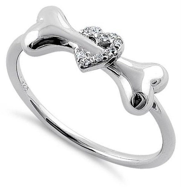 Dog Bone & Heart with CZ Stones .925 Sterling Silver Ring
