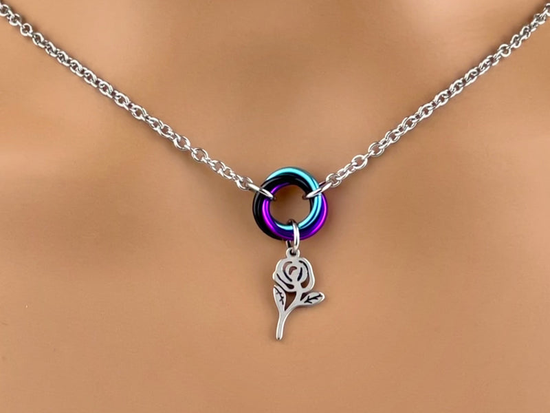 Lover's BDSM O Ring with Rose Necklace- Locking Option 24/7 Wear Anklet or Bracelet