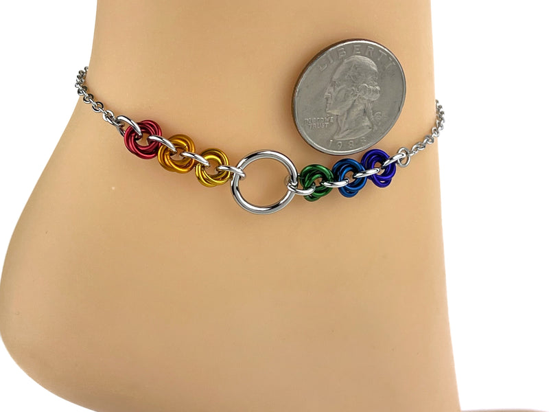 LGBTQ+ Pride Anklet or Bracelet, Circle with Micro Rainbow Knots, Locking Options - 24/7 Wear