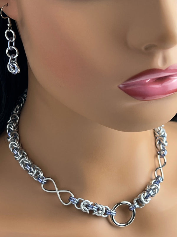 Infinity Chainmaille Collar, with Earrings, 24-7 Wear, Locking Options, BDSM O Ring Necklace