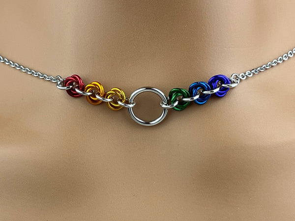 LGBTQ+ Pride Necklace, Circle with Micro Rainbow Knots, Locking Options - 24/7 Wear