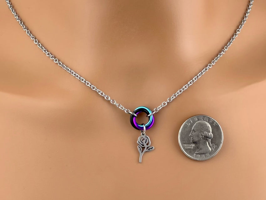 Lover's BDSM O Ring with Rose Necklace- Locking Option 24/7 Wear Anklet or Bracelet