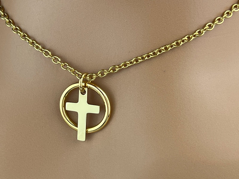 Submissive Necklace Gold Cross- Locking Option - Discreet Day Collar - BDSM O Ring