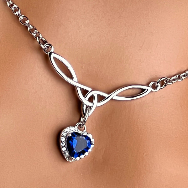 Blue Sapphire CZ Heart, Sterling Silver Celtic Knot, Locking Options, 24/7 Wear
