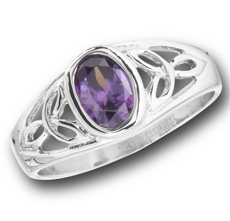 Celtic-Style Stainless Steel Ring with Lavender CZ