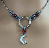 Submissive Day Collar, BDSM O Ring with Moon and Star Chainmaille, Anklet or Necklace 24/7 Wear Locking Options