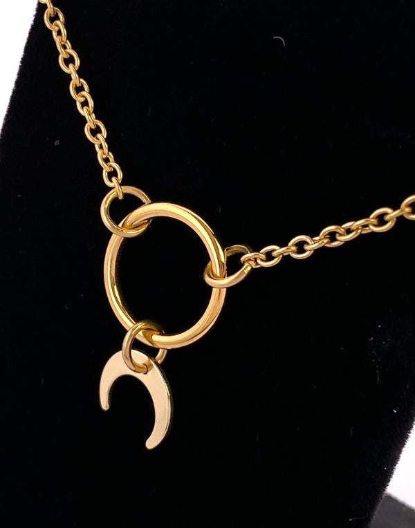 Submissive Necklace  Gold Crescent Moon Horn -  Locking Option - Discreet Day Collar - BDSM O Ring