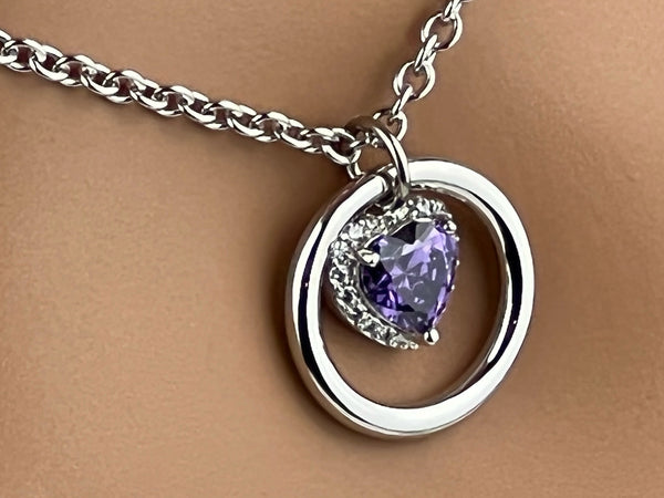 925 Sterling Silver Amethyst Heart Necklace, 24/7 wear with Locking Options