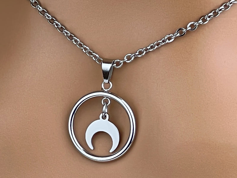 Submissive Day Collar -Floating Circle Pendant with Moon Horn Necklace - 24/7 Wear Locking Options