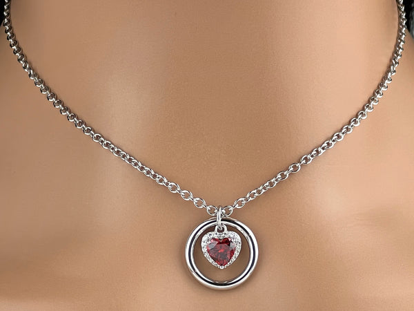 925 Sterling Silver Garnet Heart Necklace, 24/7 wear with Locking Options