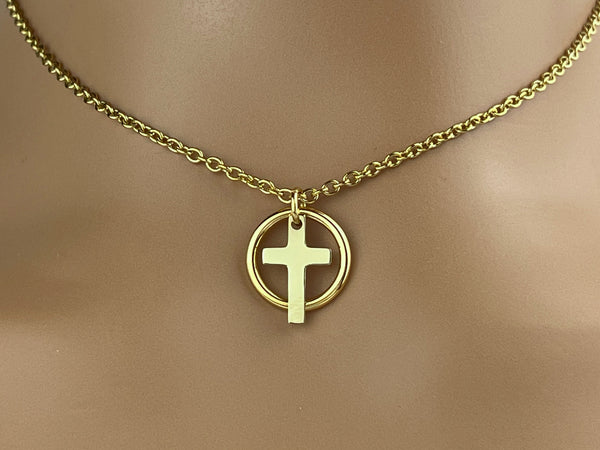 Submissive Necklace Gold Cross- Locking Option - Discreet Day Collar - BDSM O Ring