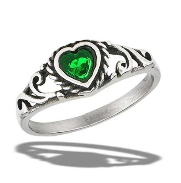 Rope Heart Stainless Steel Ring with Green CZ