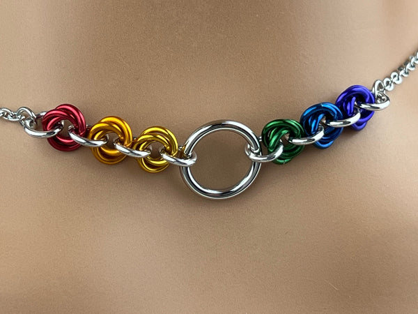 LGBTQ+ Pride Necklace, Circle with Micro Rainbow Knots, Locking Options - 24/7 Wear