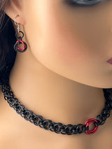 Chainmaille BDSM O Ring Day Collar and Earrings, 24/7 Wear with Locking Options