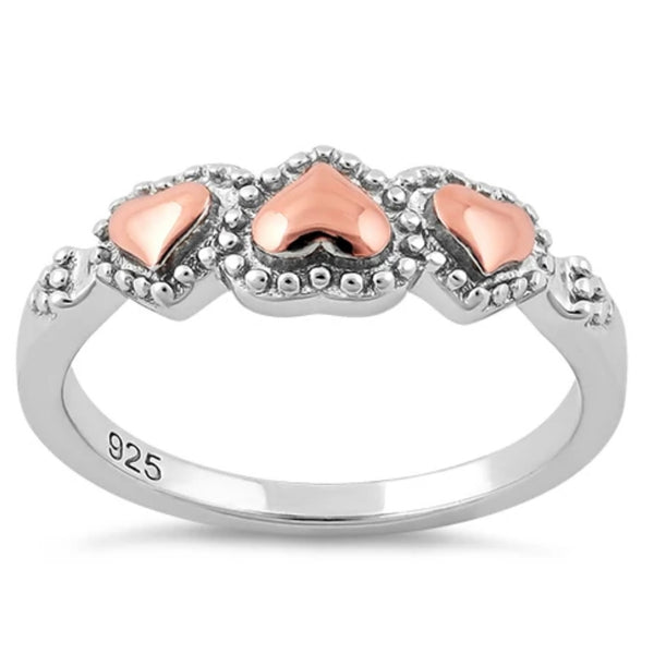 Sterling Silver Rose Gold Two Tone Triple Heart Ring