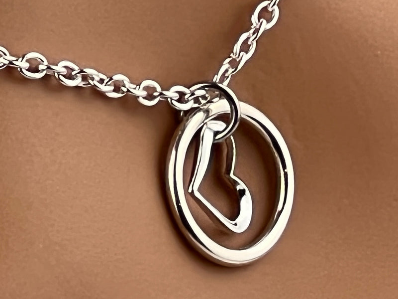 Sterling Silver Heart and O Ring Necklace - Locking Options 24/7 Wear