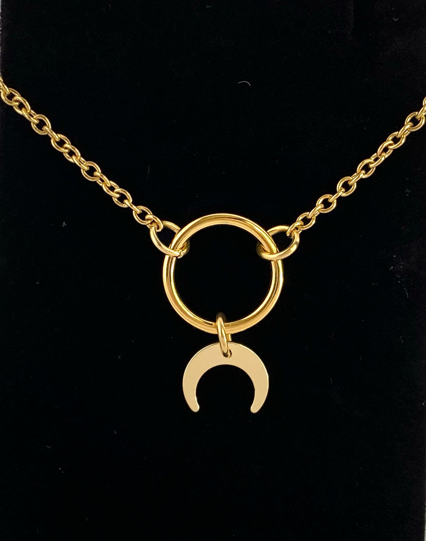 Submissive Necklace  Gold Crescent Moon Horn -  Locking Option - Discreet Day Collar - BDSM O Ring